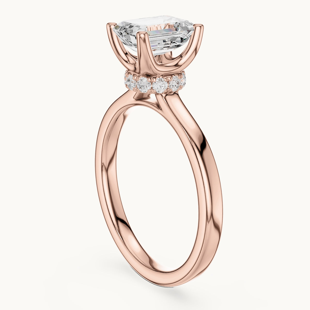Emerald-cut lab-grown diamond collar-set solitaire engagement ring in rose gold, 1.65 CT TW, view 1