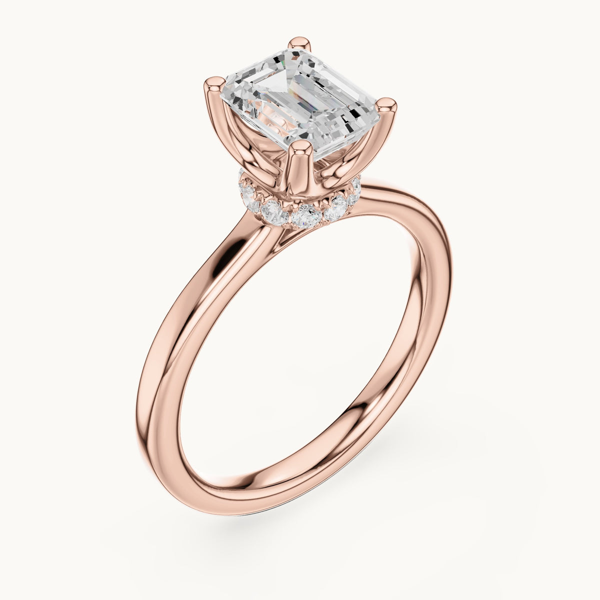 Emerald-cut lab-grown diamond collar-set solitaire engagement ring in rose gold, 1.65 CT TW, view 2