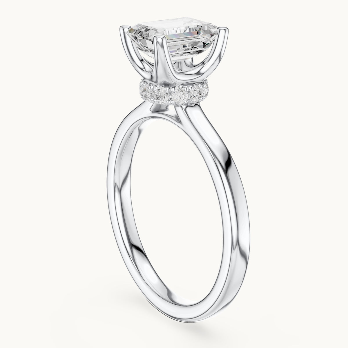 Emerald-cut lab-grown diamond collar-set solitaire engagement ring in white gold, 1.65 CT TW, view 1