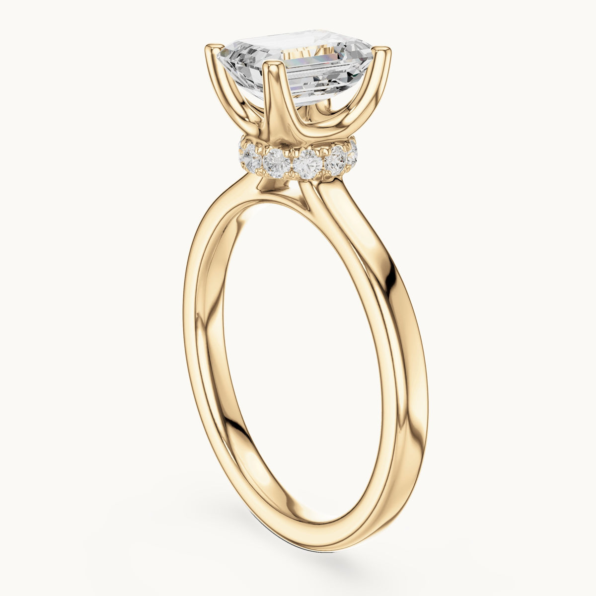 Emerald-cut lab-grown diamond collar-set solitaire engagement ring in yellow gold, 1.65 CT TW, view 1