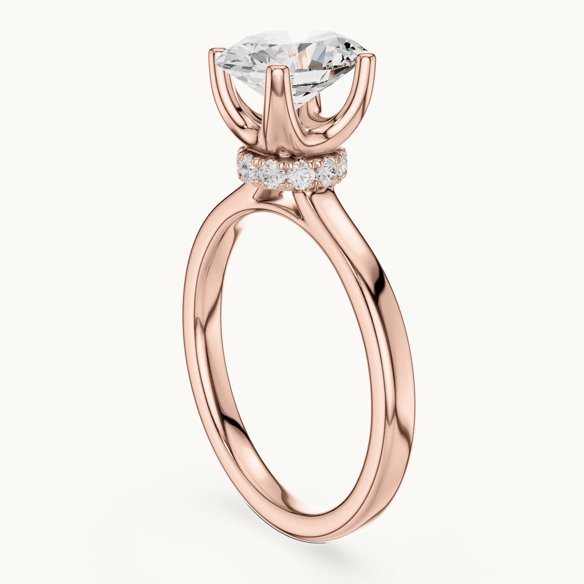 Oval lab-grown diamond collar-set solitaire engagement ring in rose gold, 1.65 CT TW, view 1