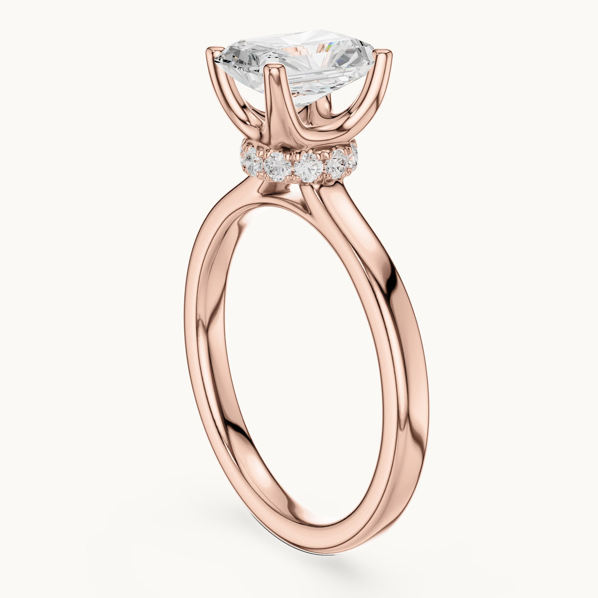 Radiant-cut lab-grown diamond collar-set solitaire engagement ring in rose gold, 1.65 CT TW, view 1