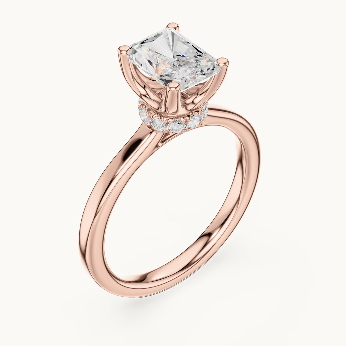 Radiant-cut lab-grown diamond collar-set solitaire engagement ring in rose gold, 1.65 CT TW, view 2