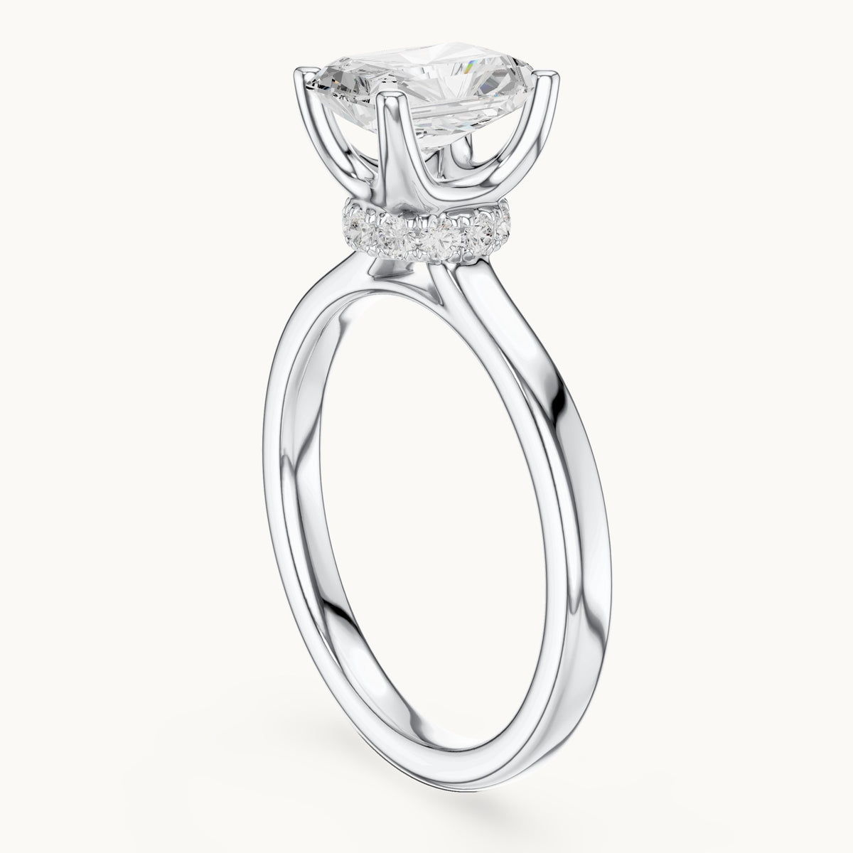 Radiant-cut lab-grown diamond collar-set solitaire engagement ring in white gold, 1.65 CT TW, view 1