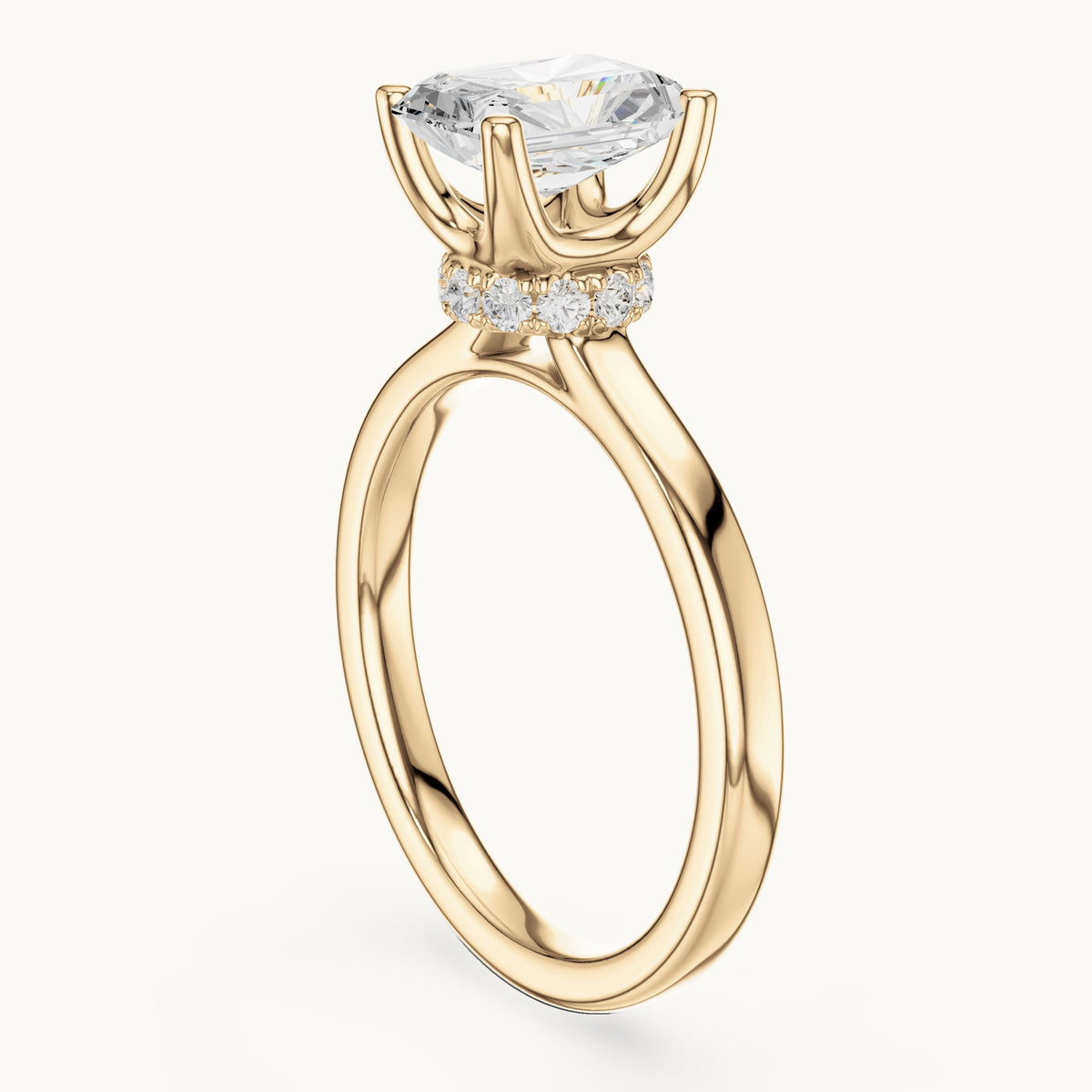 Radiant-cut lab-grown diamond collar-set solitaire engagement ring in yellow gold, 1.65 CT TW, view 1
