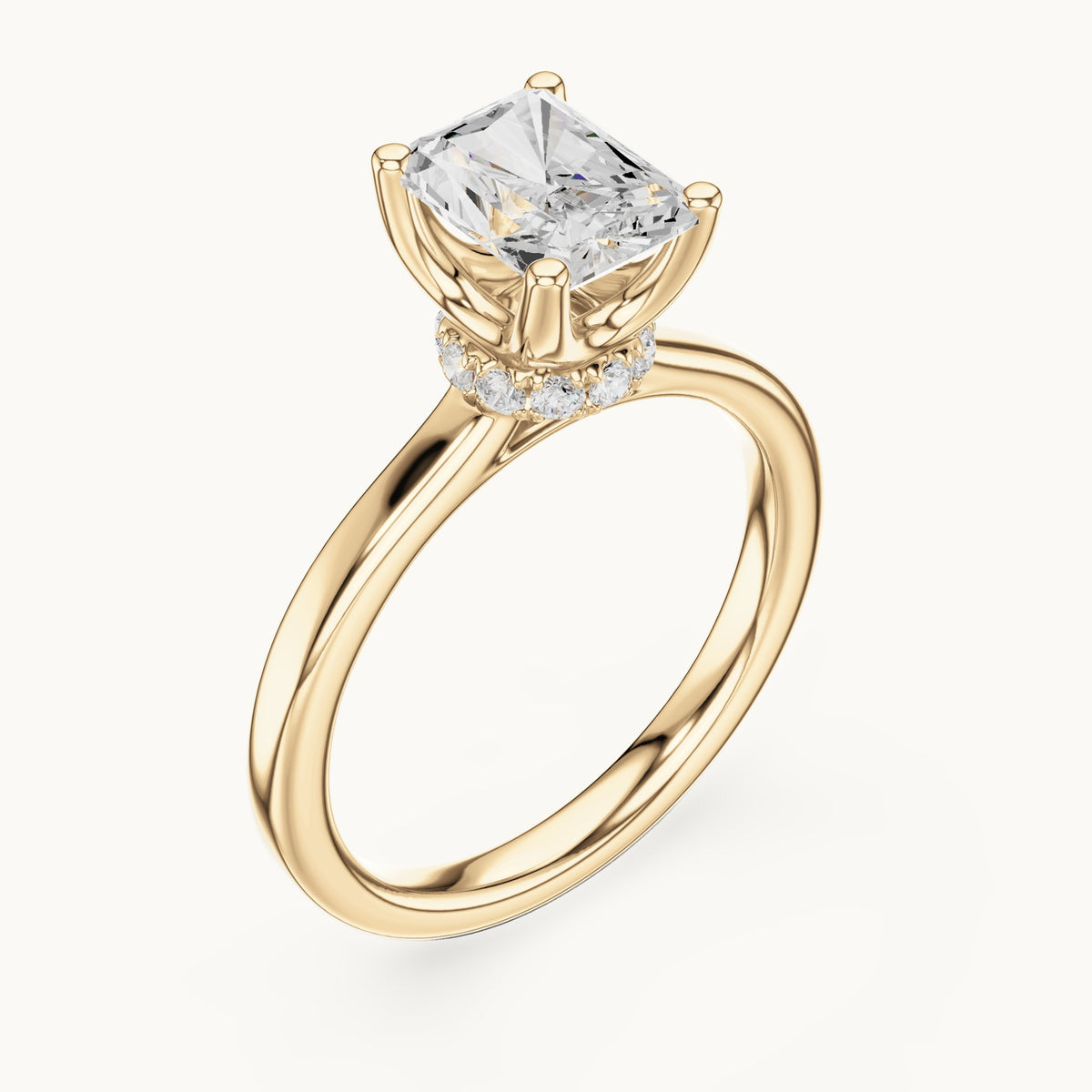 Radiant-cut lab-grown diamond collar-set solitaire engagement ring in yellow gold, 1.65 CT TW, view 2