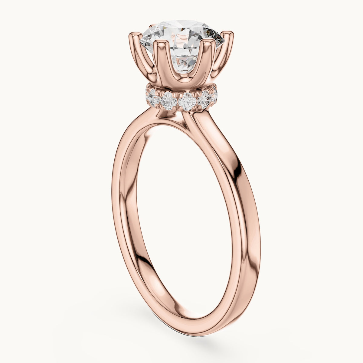 Round lab-grown diamond collar-set solitaire engagement ring in rose gold, 1.665 CT TW, view 1