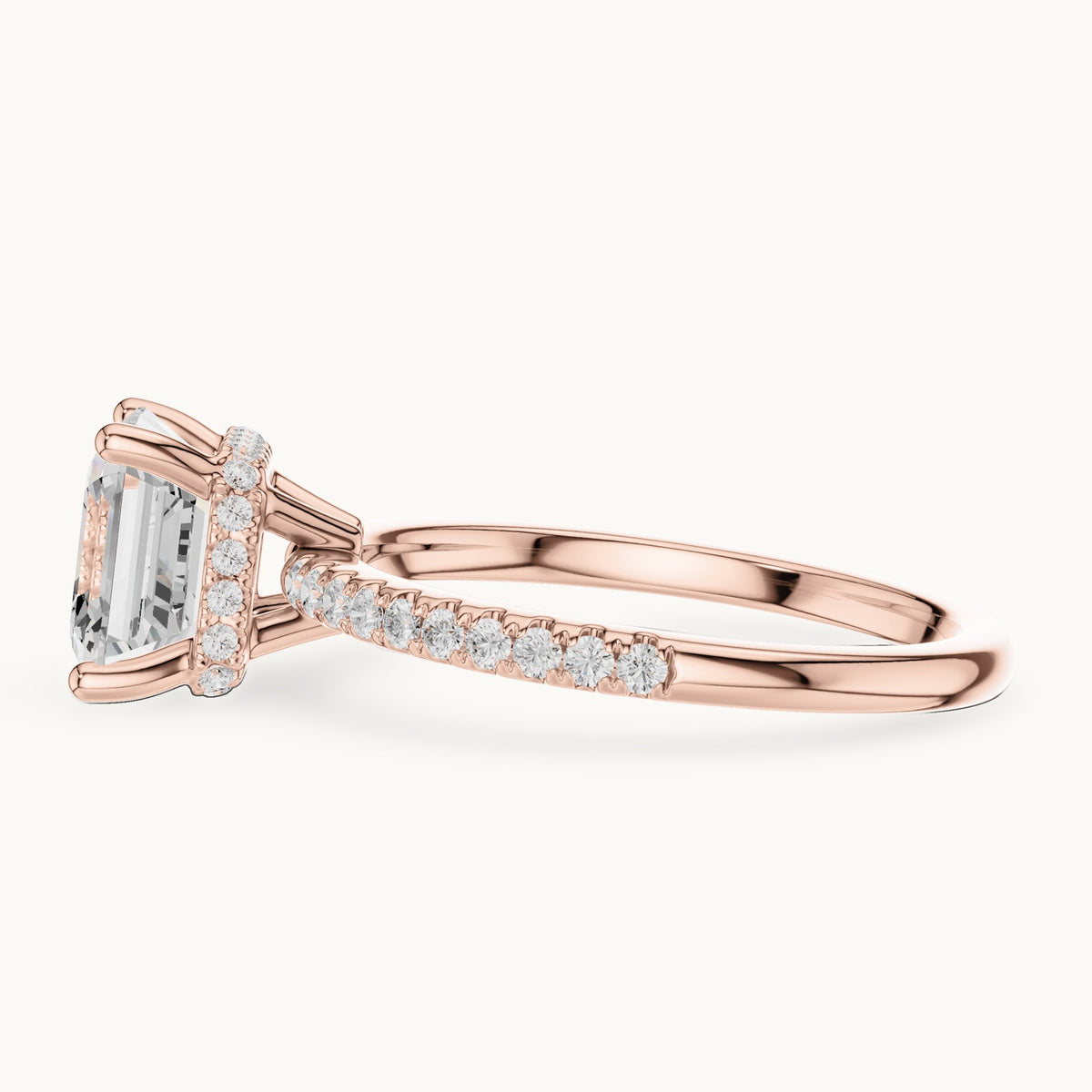 Asscher-cut lab-grown diamond petite pavé hidden halo engagement ring in rose gold, 2.30 CT TW, view 3