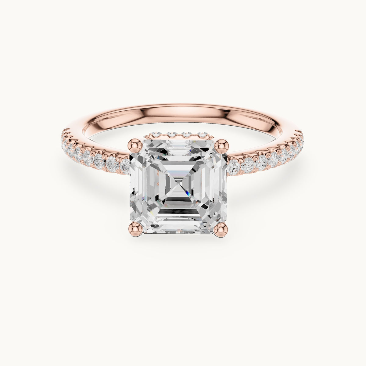 Asscher-cut lab-grown diamond petite pavé hidden halo engagement ring in rose gold, 2.30 CT TW, view 4