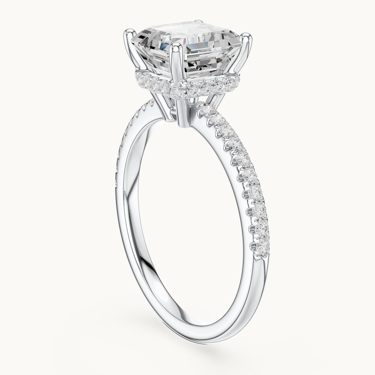 Asscher-cut lab-grown diamond petite pavé hidden halo engagement ring in white gold, 2.30 CT TW, view 1