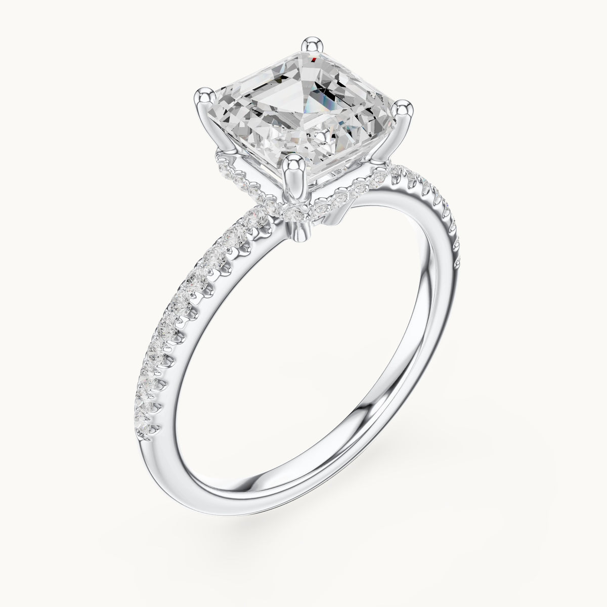 Asscher-cut lab-grown diamond petite pavé hidden halo engagement ring in white gold, 2.30 CT TW, view 2