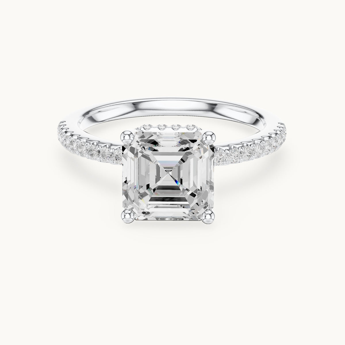 Asscher-cut lab-grown diamond petite pavé hidden halo engagement ring in white gold, 2.30 CT TW, view 4