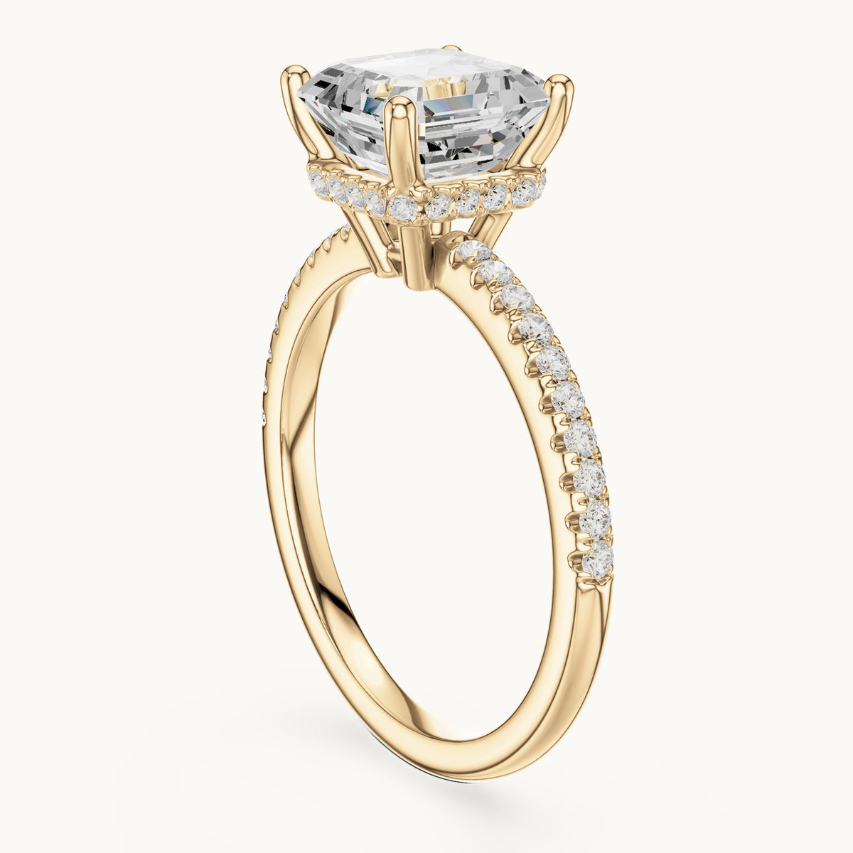 Asscher-cut lab-grown diamond petite pavé hidden halo engagement ring in yellow gold, 2.30 CT TW, view 1
