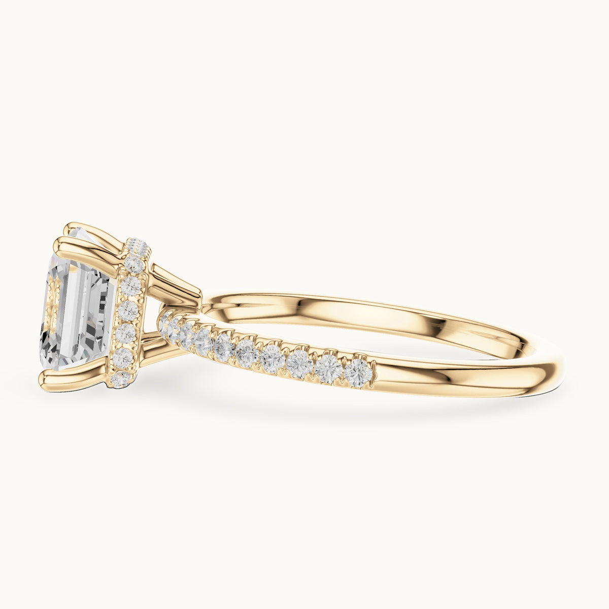Asscher-cut lab-grown diamond petite pavé hidden halo engagement ring in yellow gold, 2.30 CT TW, view 3