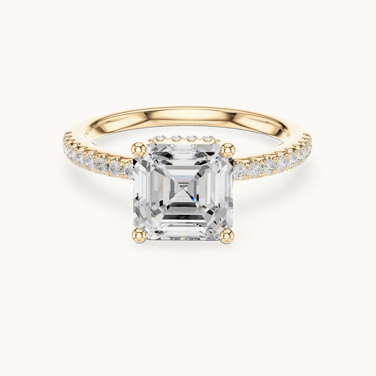 Asscher-cut lab-grown diamond petite pavé hidden halo engagement ring in yellow gold, 2.30 CT TW, view 4