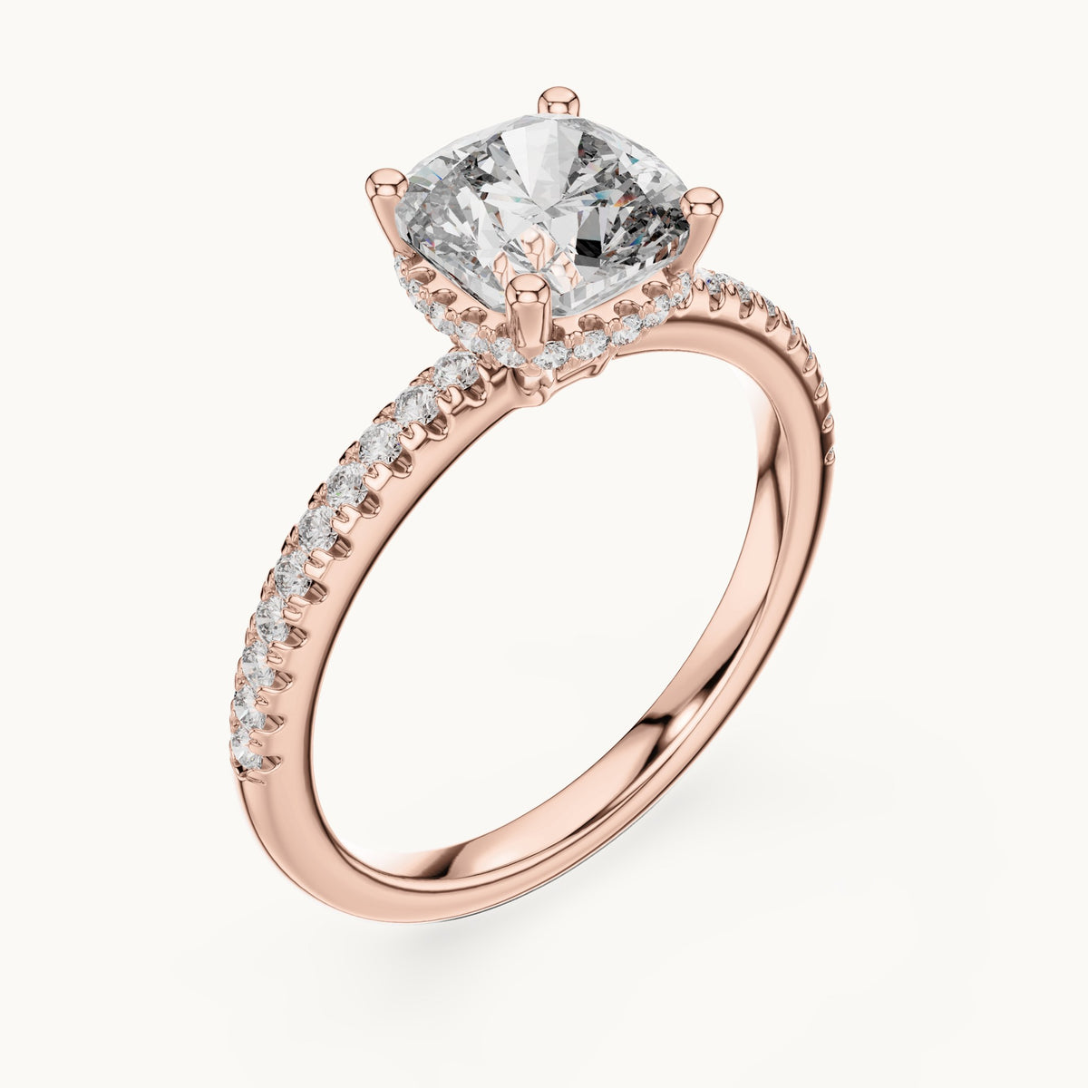 Cushion-cut lab-grown diamond petite pavé hidden halo engagement ring in rose gold, 2.30 CT TW, view 2