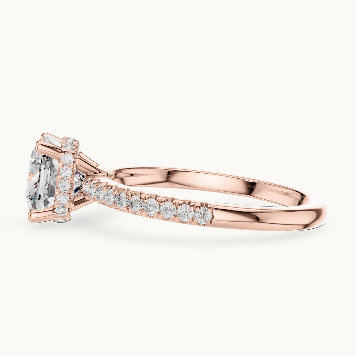 Cushion-cut lab-grown diamond petite pavé hidden halo engagement ring in rose gold, 2.30 CT TW, view 3