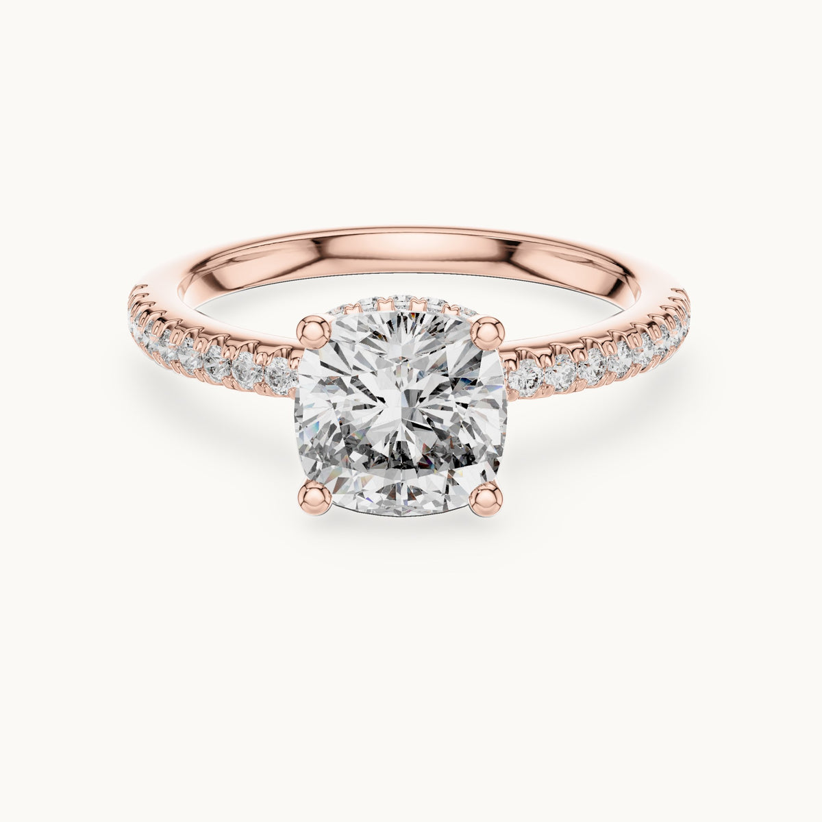 Cushion-cut lab-grown diamond petite pavé hidden halo engagement ring in rose gold, 2.30 CT TW, view 4