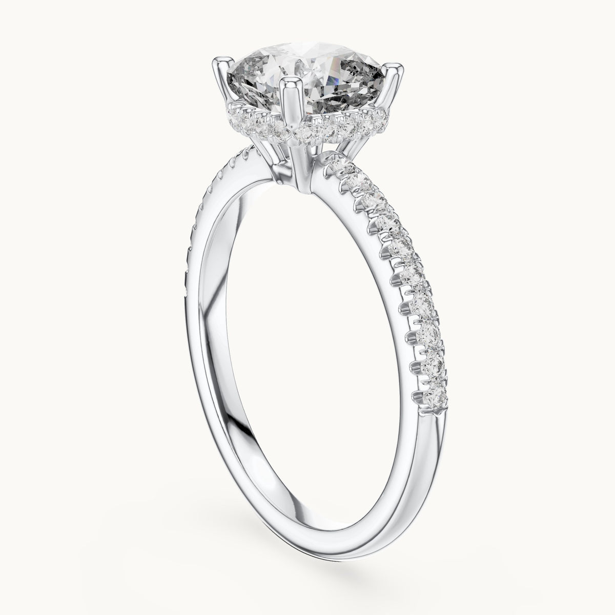 Cushion-cut lab-grown diamond petite pavé hidden halo engagement ring in white gold, 2.30 CT TW, view 1