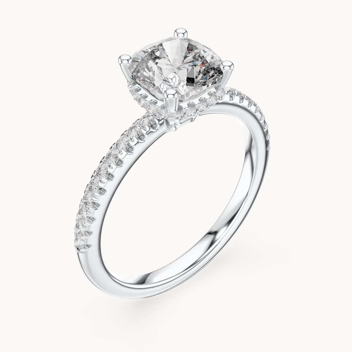 Cushion-cut lab-grown diamond petite pavé hidden halo engagement ring in white gold, 2.30 CT TW, view 2