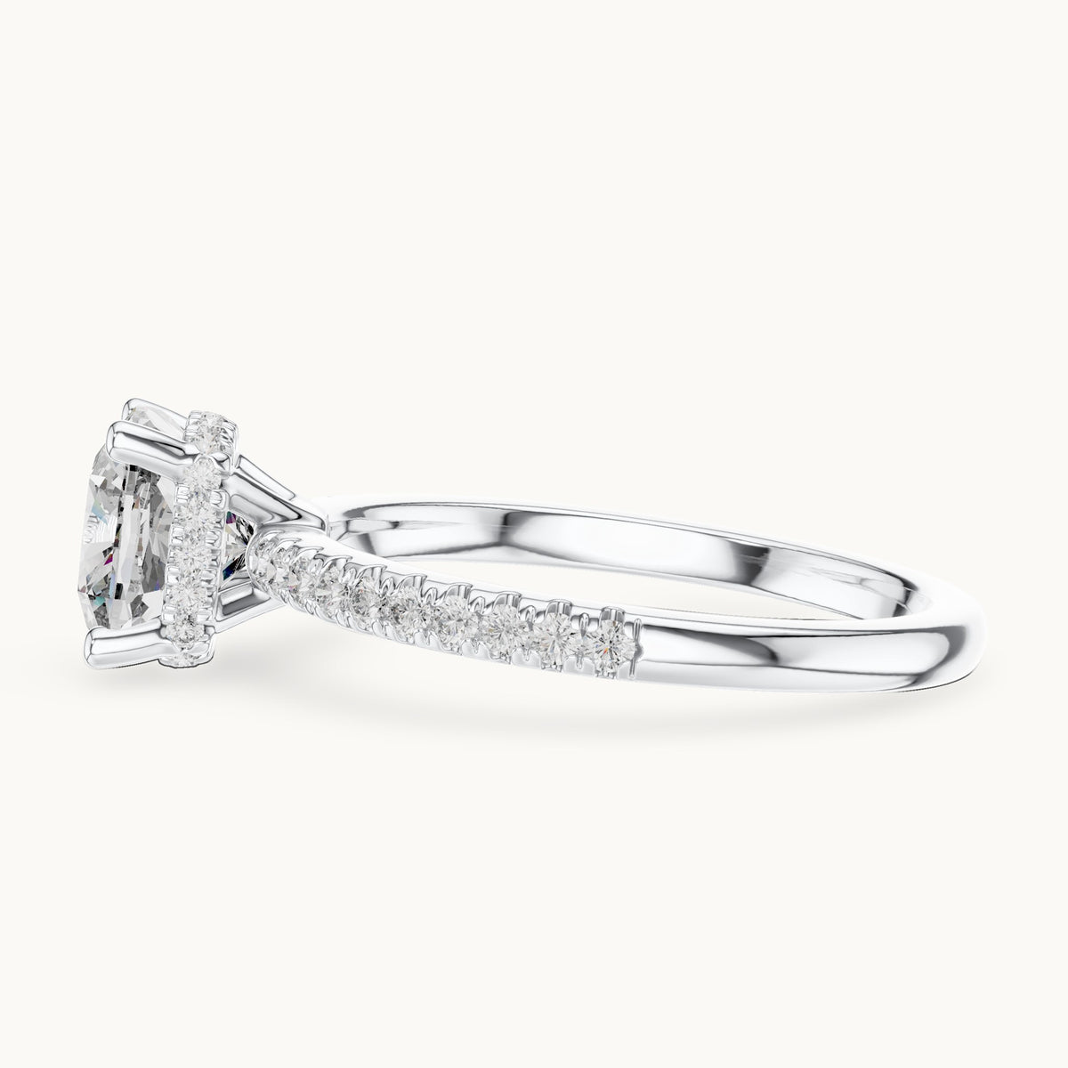 Cushion-cut lab-grown diamond petite pavé hidden halo engagement ring in white gold, 2.30 CT TW, view 3