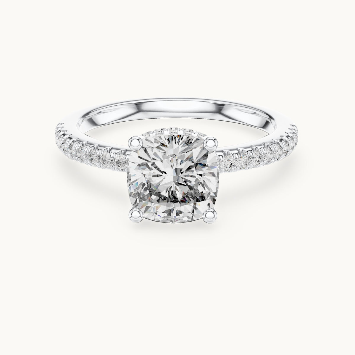 Cushion-cut lab-grown diamond petite pavé hidden halo engagement ring in white gold, 2.30 CT TW, view 4