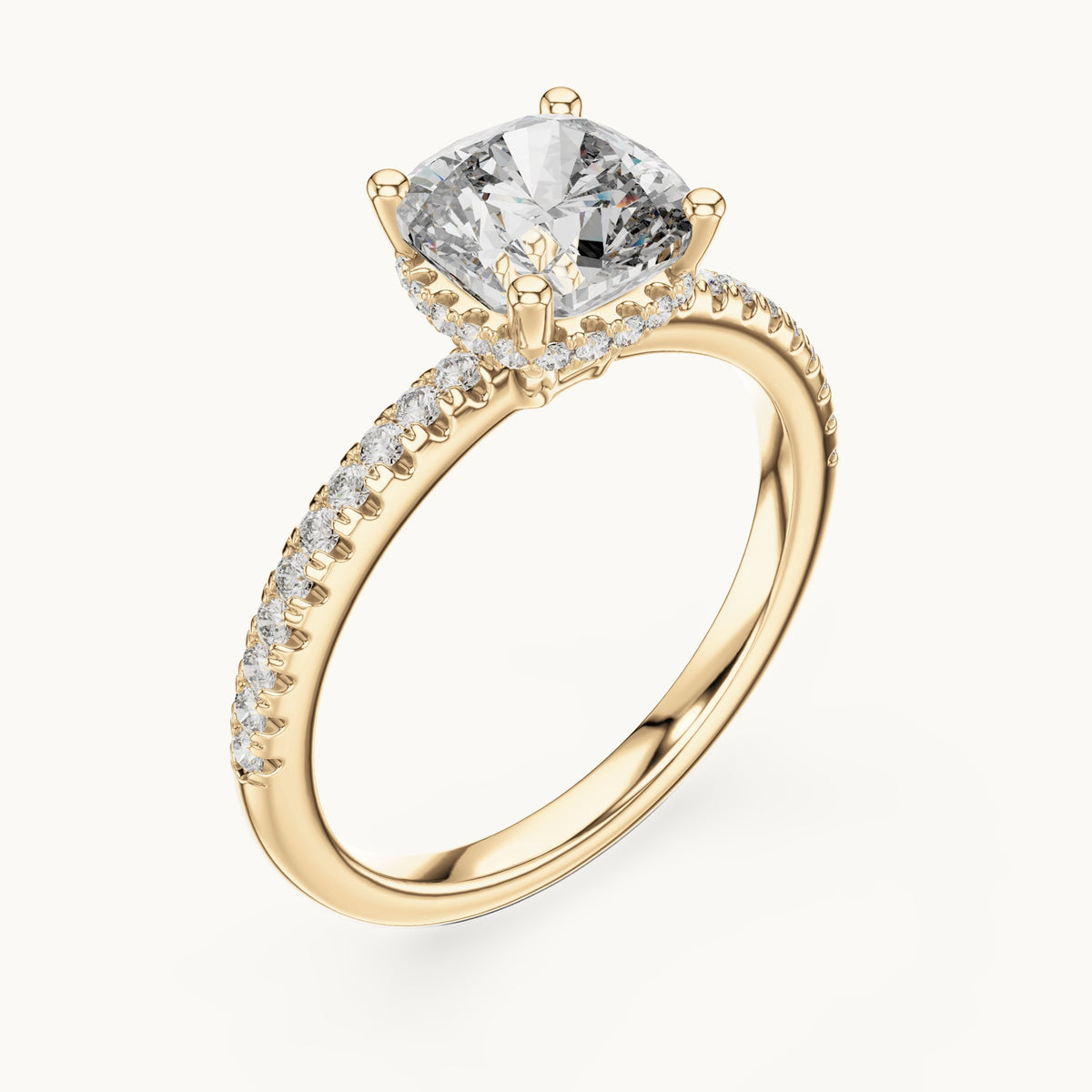 Cushion-cut lab-grown diamond petite pavé hidden halo engagement ring in yellow gold, 2.30 CT TW, view 2
