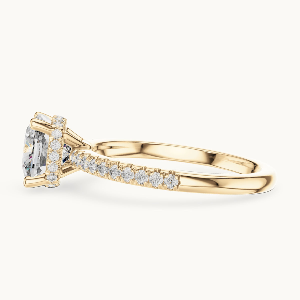 Cushion-cut lab-grown diamond petite pavé hidden halo engagement ring in yellow gold, 2.30 CT TW, view 3