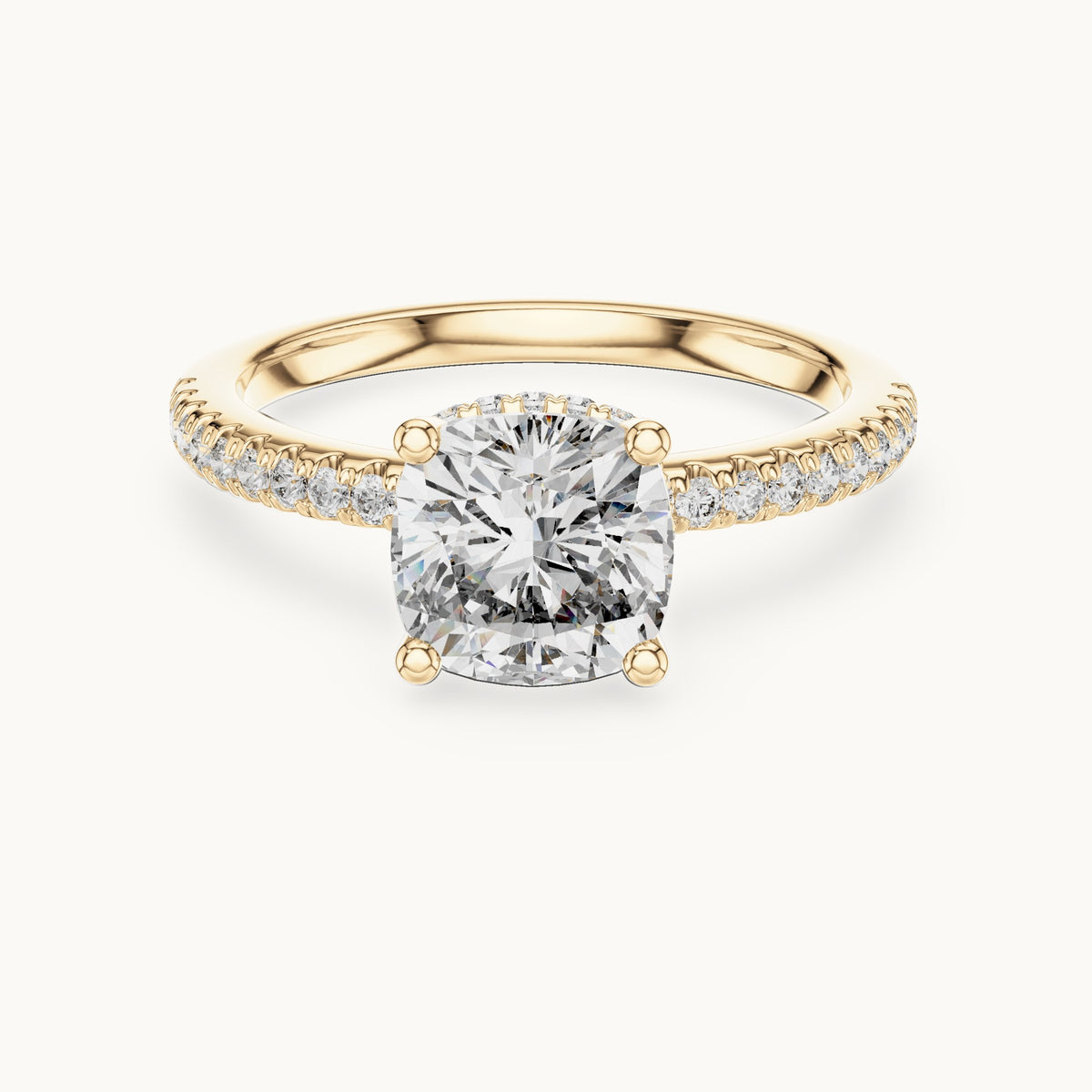 Cushion-cut lab-grown diamond petite pavé hidden halo engagement ring in yellow gold, 2.30 CT TW, view 4