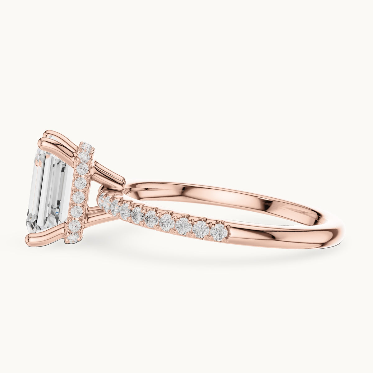 Emerald-cut lab-grown diamond petite pavé hidden halo engagement ring in rose gold, 2.31 CT TW, view 3