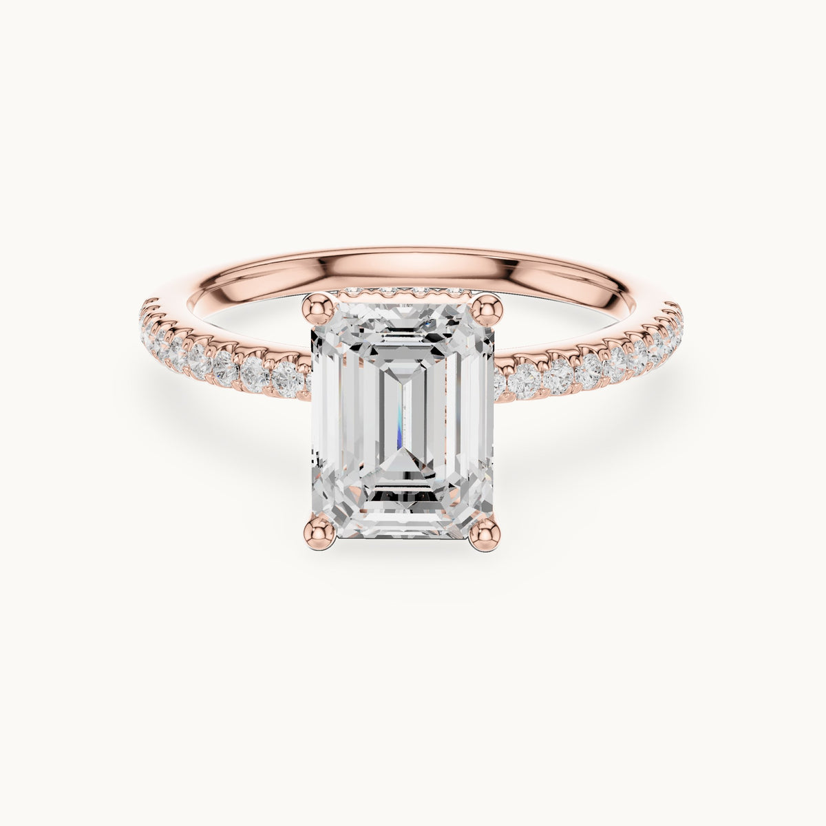 Emerald-cut lab-grown diamond petite pavé hidden halo engagement ring in rose gold, 2.31 CT TW, view 4
