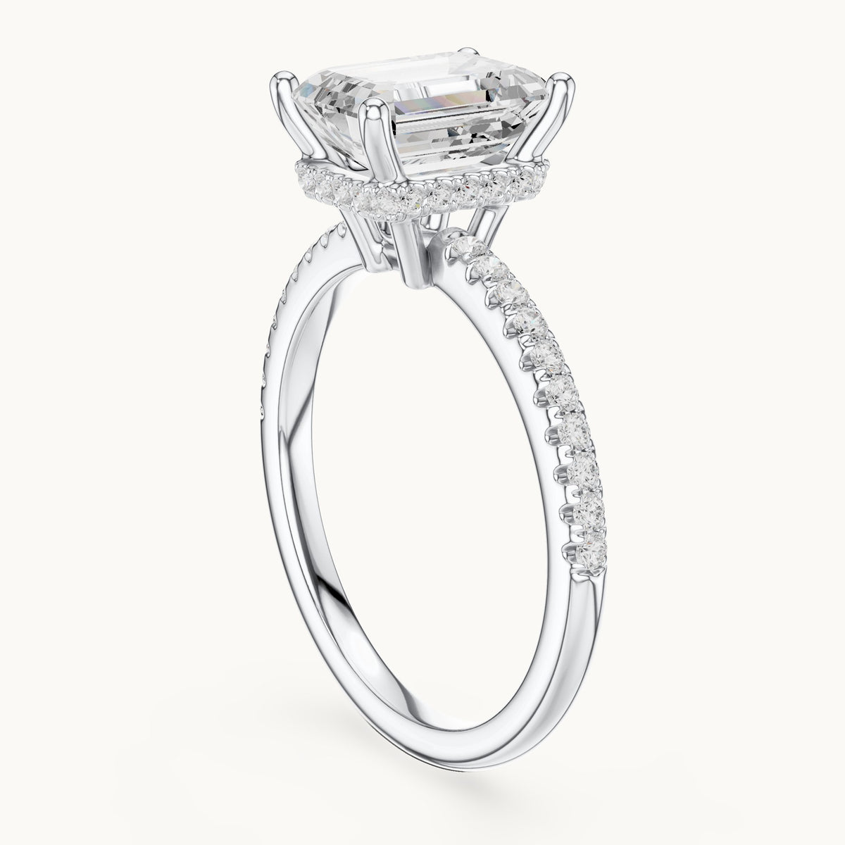 Emerald-cut lab-grown diamond petite pavé hidden halo engagement ring in white gold, 2.31 CT TW, view 1