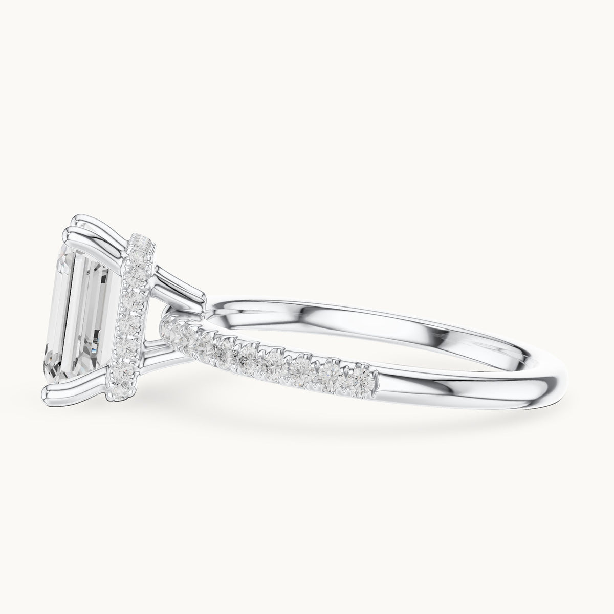 Emerald-cut lab-grown diamond petite pavé hidden halo engagement ring in white gold, 2.31 CT TW, view 3