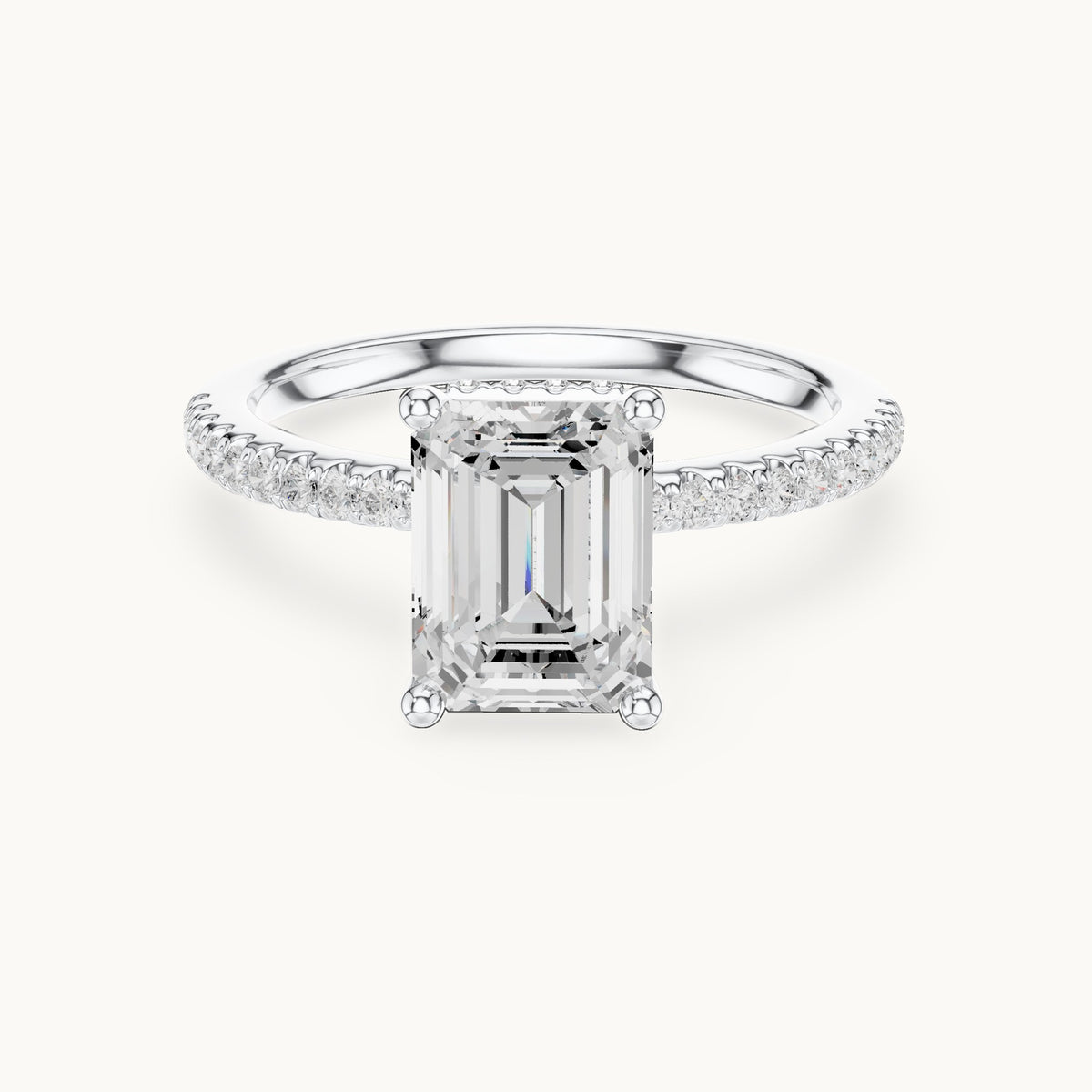 Emerald-cut lab-grown diamond petite pavé hidden halo engagement ring in white gold, 2.31 CT TW, view 4