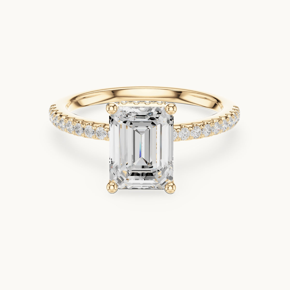 Emerald-cut lab-grown diamond petite pavé hidden halo engagement ring in yellow gold, 2.31 CT TW, view 4