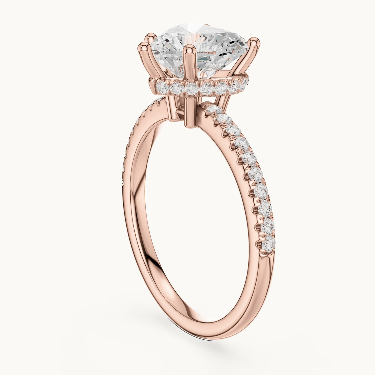 Heart lab-grown diamond petite pavé hidden halo engagement ring in rose gold, 2.30 CT TW, view 1