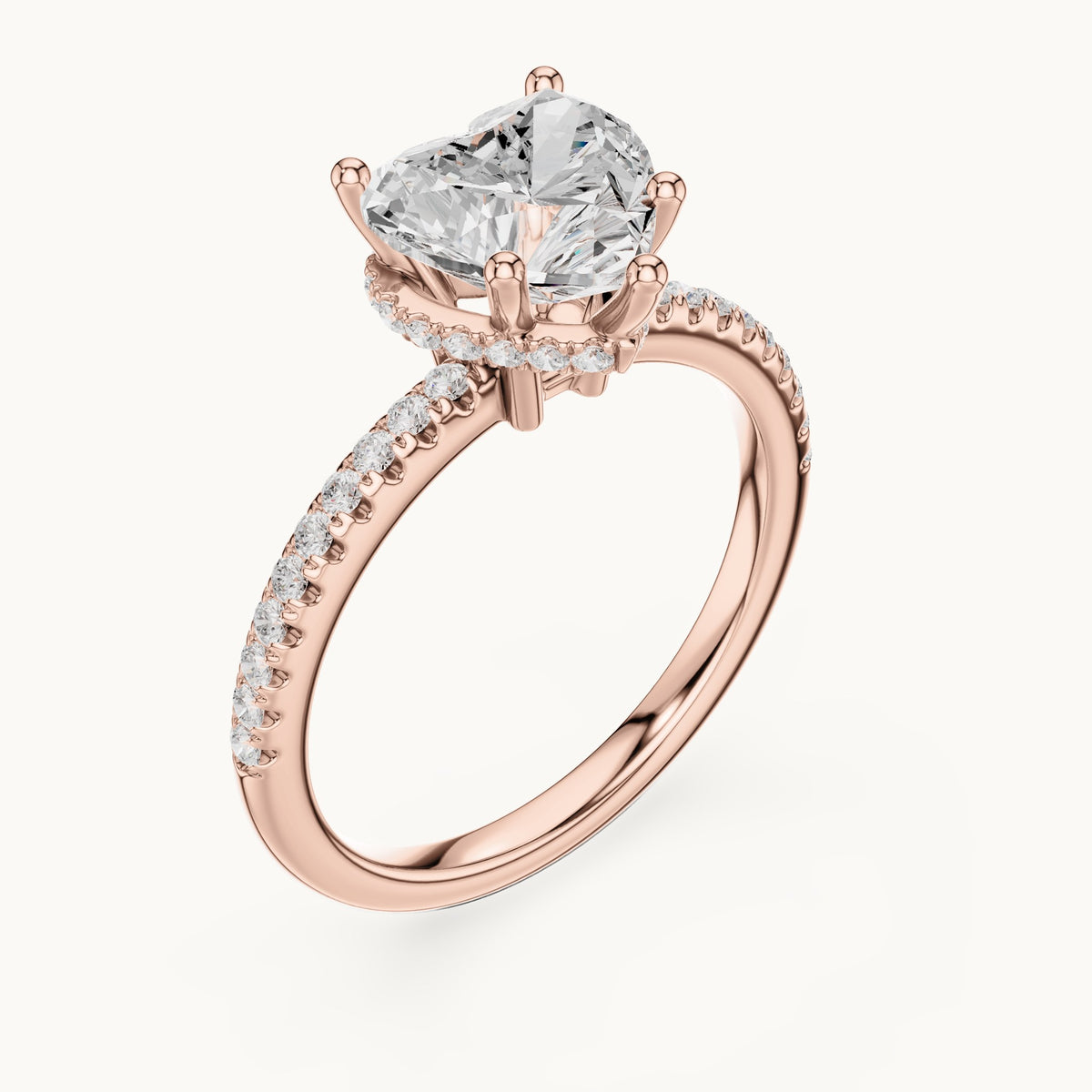 Heart lab-grown diamond petite pavé hidden halo engagement ring in rose gold, 2.30 CT TW, view 2