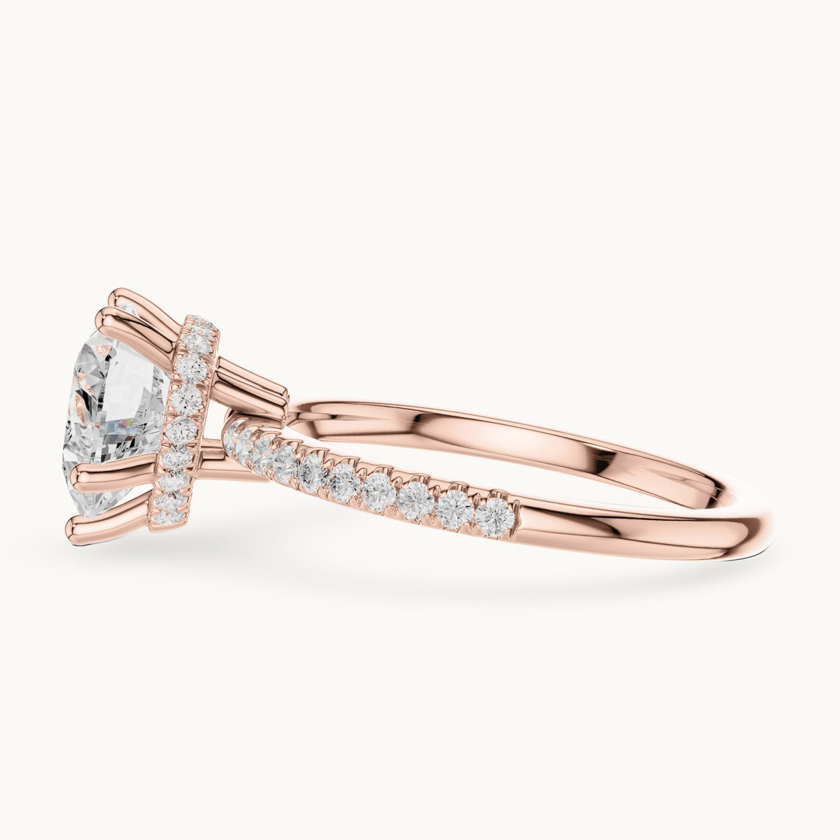 Heart lab-grown diamond petite pavé hidden halo engagement ring in rose gold, 2.30 CT TW, view 3