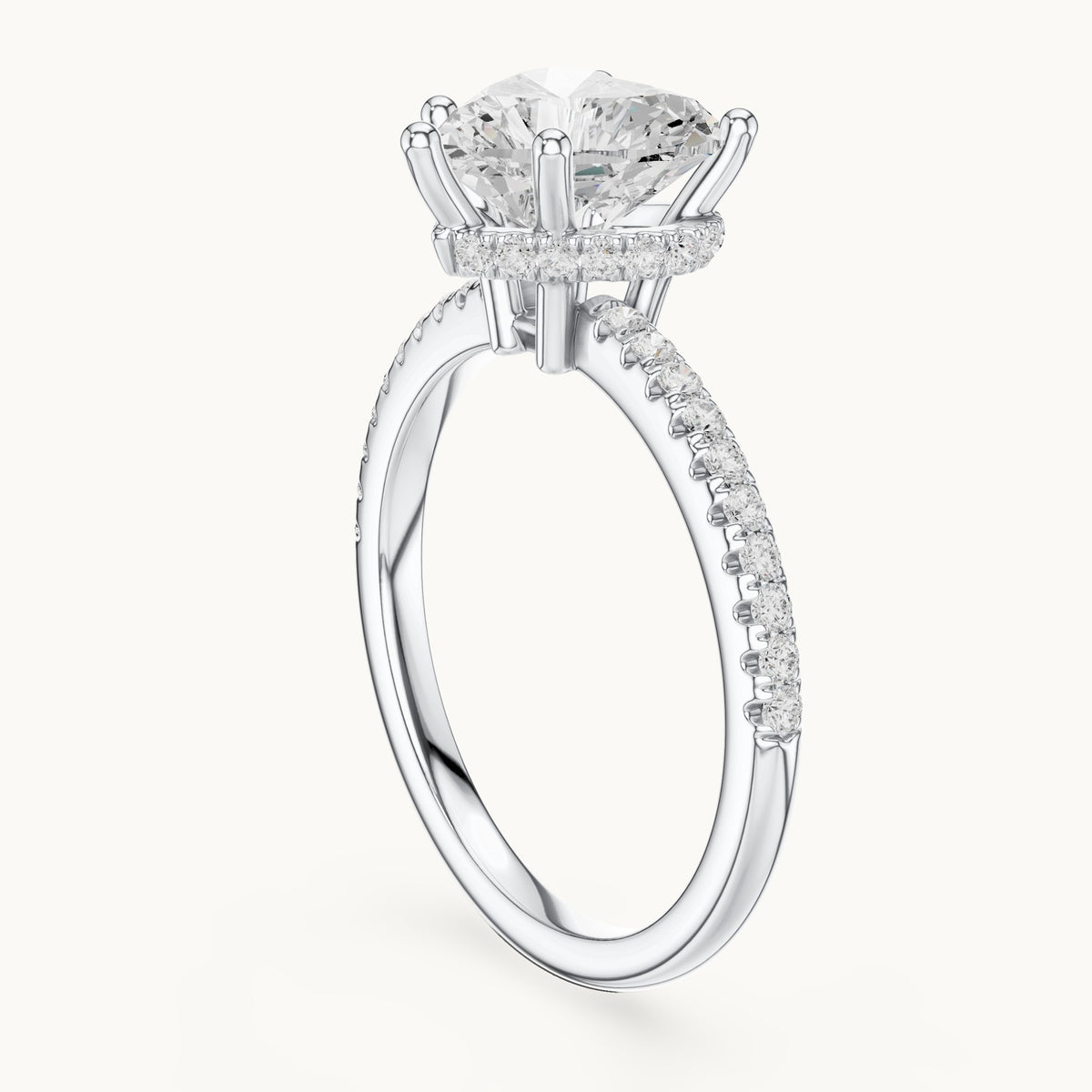 Heart lab-grown diamond petite pavé hidden halo engagement ring in white gold, 2.30 CT TW, view 1