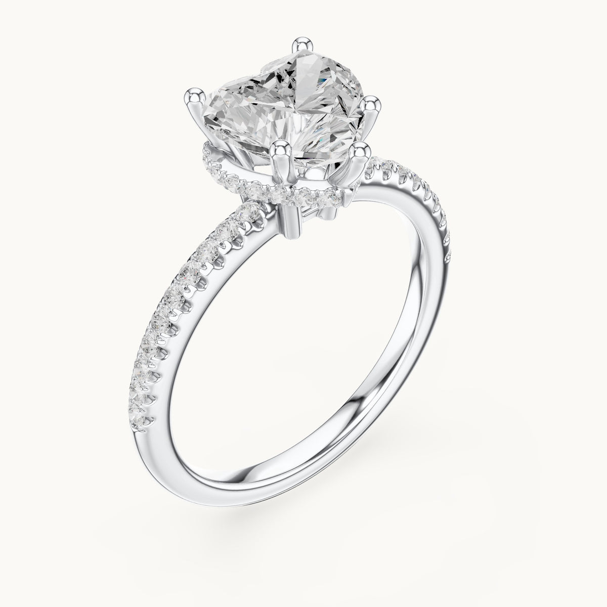 Heart lab-grown diamond petite pavé hidden halo engagement ring in white gold, 2.30 CT TW, view 2