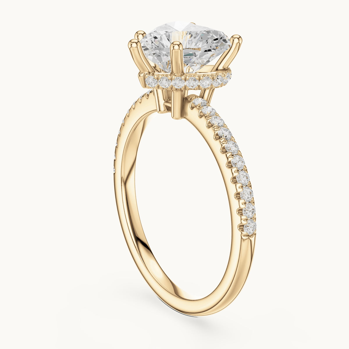 Heart lab-grown diamond petite pavé hidden halo engagement ring in yellow gold, 2.30 CT TW, view 1