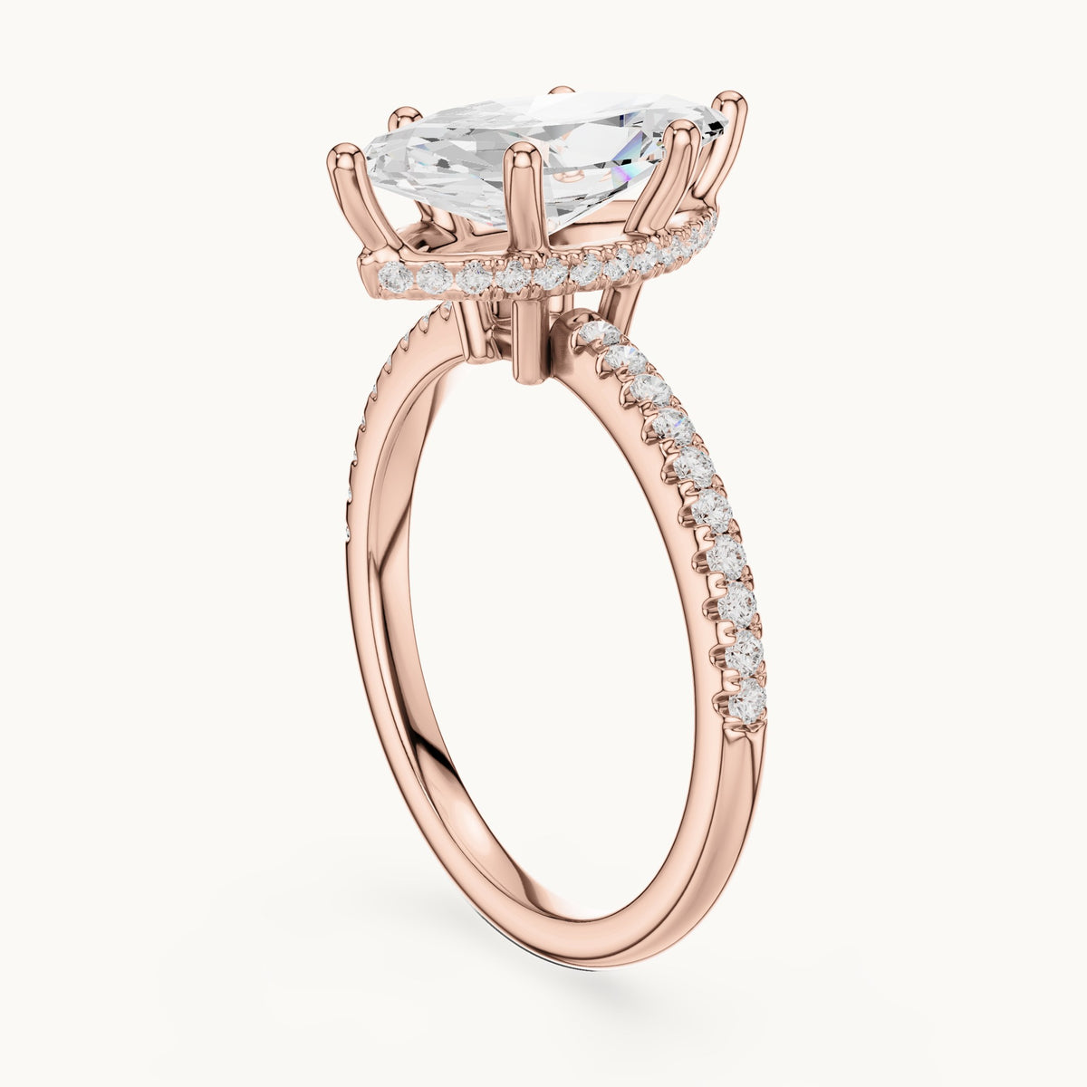 Marquise lab-grown diamond petite pavé hidden halo engagement ring in rose gold, 2.32 CT TW, view 1