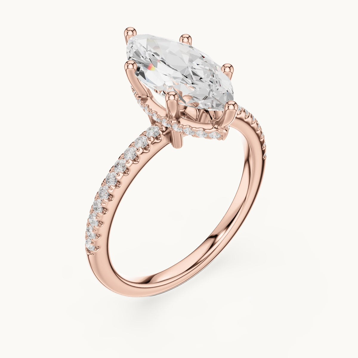 Marquise lab-grown diamond petite pavé hidden halo engagement ring in rose gold, 2.32 CT TW, view 2