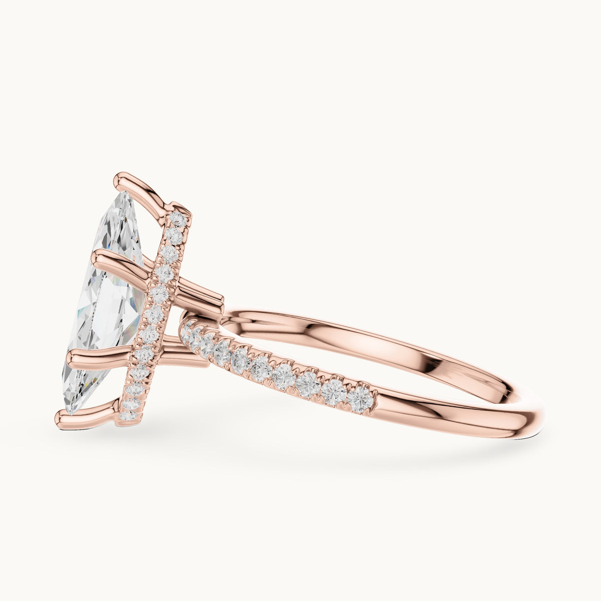 Marquise lab-grown diamond petite pavé hidden halo engagement ring in rose gold, 2.32 CT TW, view 3