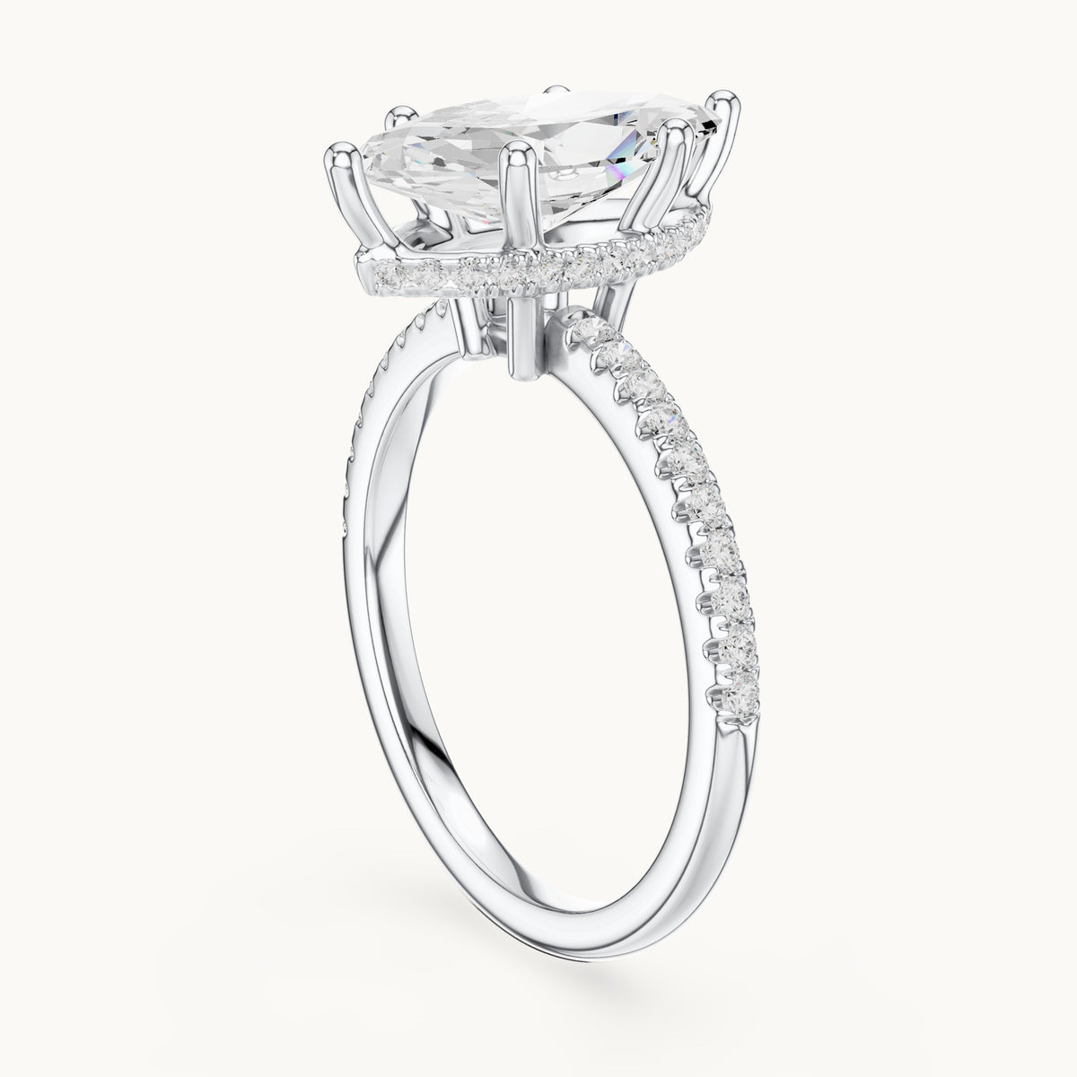 Marquise lab-grown diamond petite pavé hidden halo engagement ring in white gold, 2.32 CT TW, view 1