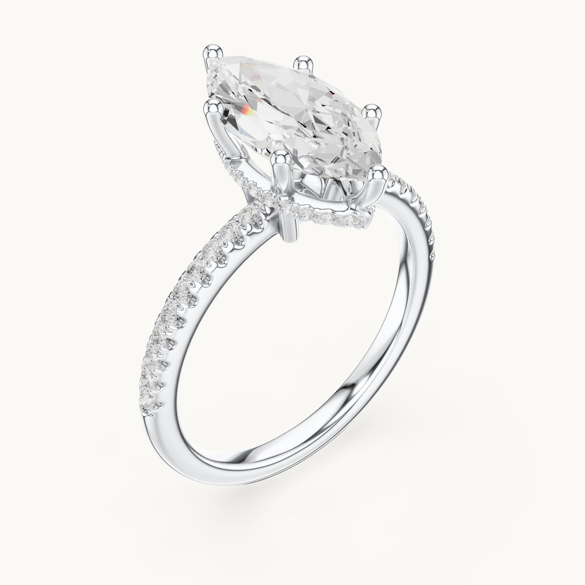 Marquise lab-grown diamond petite pavé hidden halo engagement ring in white gold, 2.32 CT TW, view 2