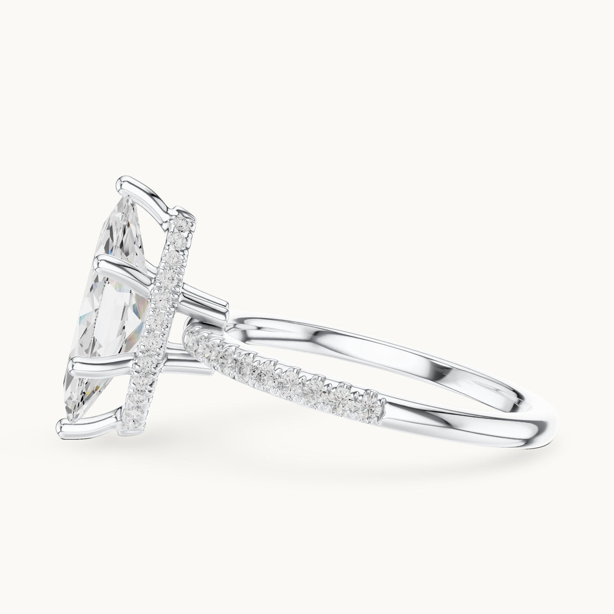 Marquise lab-grown diamond petite pavé hidden halo engagement ring in white gold, 2.32 CT TW, view 3