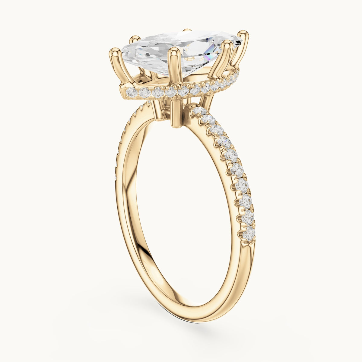 Marquise lab-grown diamond petite pavé hidden halo engagement ring in yellow gold, 2.32 CT TW, view 1