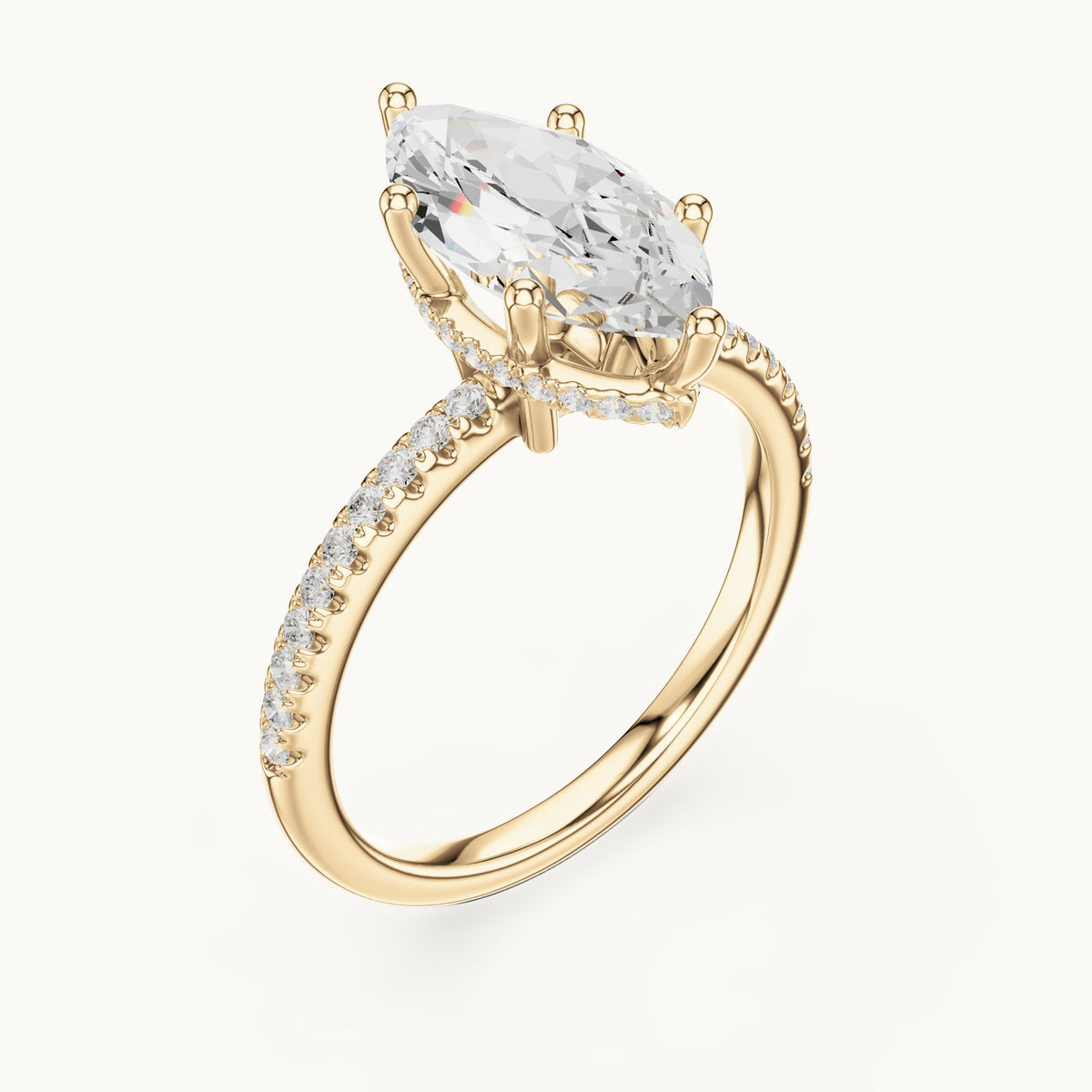 Marquise lab-grown diamond petite pavé hidden halo engagement ring in yellow gold, 2.32 CT TW, view 2