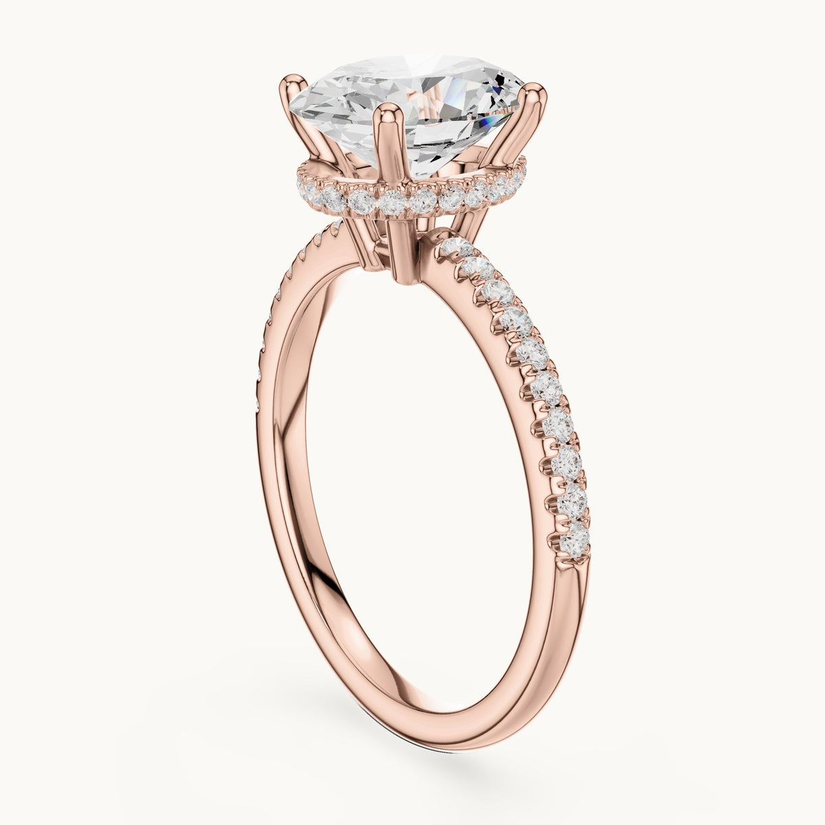 Oval lab-grown diamond petite pavé hidden halo engagement ring in rose gold, 2.31 CT TW, view 1